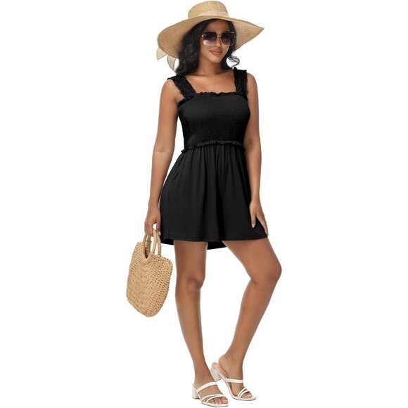 Tanou Women's Summer  Rompers Square Neck Sleeveless Beach Outfits with Pockets - Picture 2 of 8